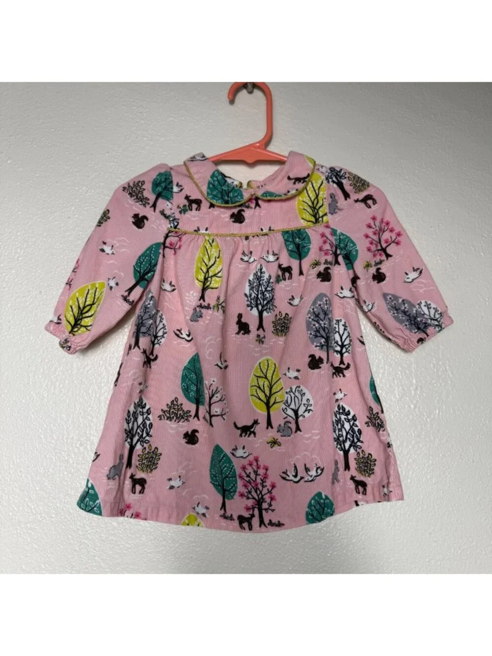 Baby Boden Pink Woodland Print Dress 100% Cotton Long Sleeve 3-6 Months